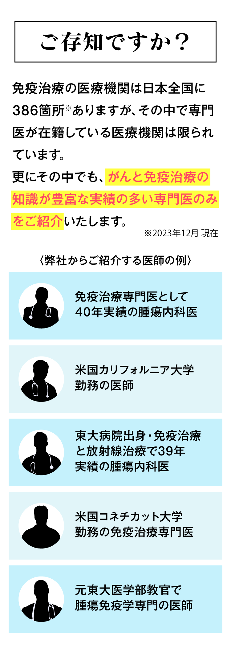 がんと免疫治療の知識が豊富な実績の多い専門医のみをご紹介します